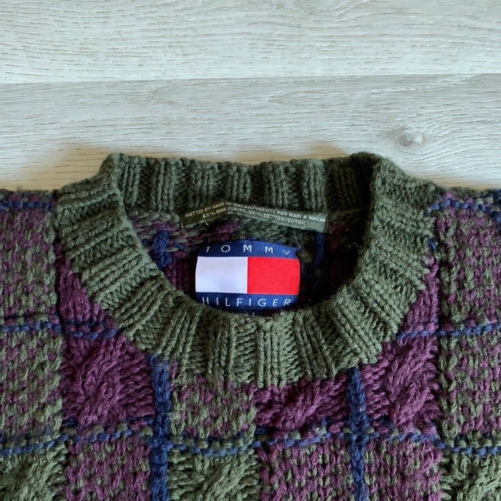 Tommy Hilfiger Vintage‎ Hand Knitted Wool Blend Plaid Cable Knit Sweater Mens S - Picture 4 of 8